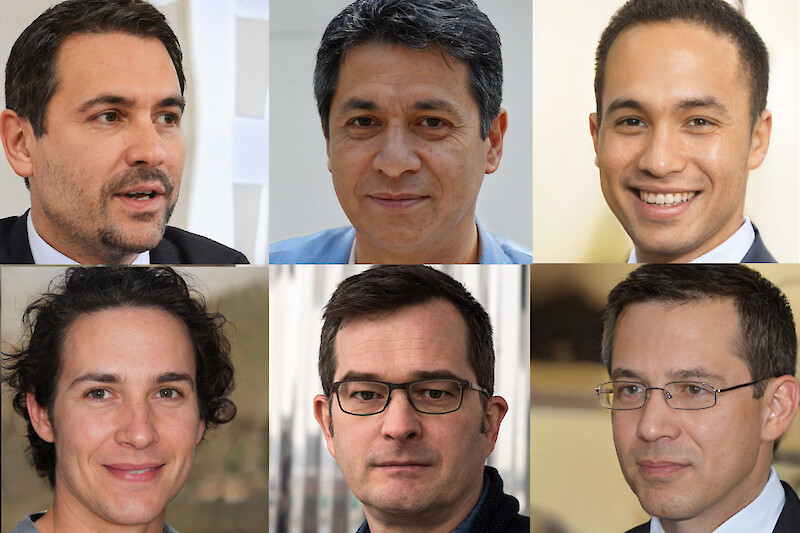 The real Felix Stalder among men who don't exist and whose portraits were created by artificial intelligence. – www.thispersondoesnotexist.com (Karral et al & Nvidia 2019 and Dominik Landwehr)