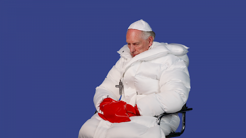 Still from «Anatomy of Non-Fact, Chapter 2», showing the Balenciaga pope wearing crab claws. © Martyna Marciniak.